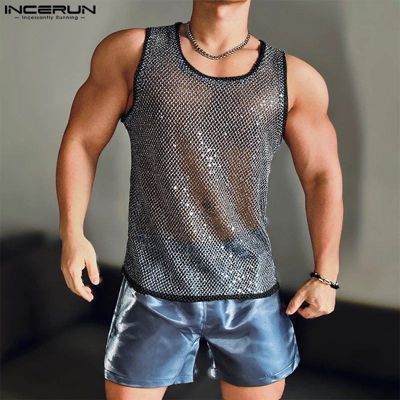 INCERUN Tops American Fashion Mens Sparkling Fabric Hollow Mesh Vest Leisure Club Clothing Selling Sleeveless Vest 250318