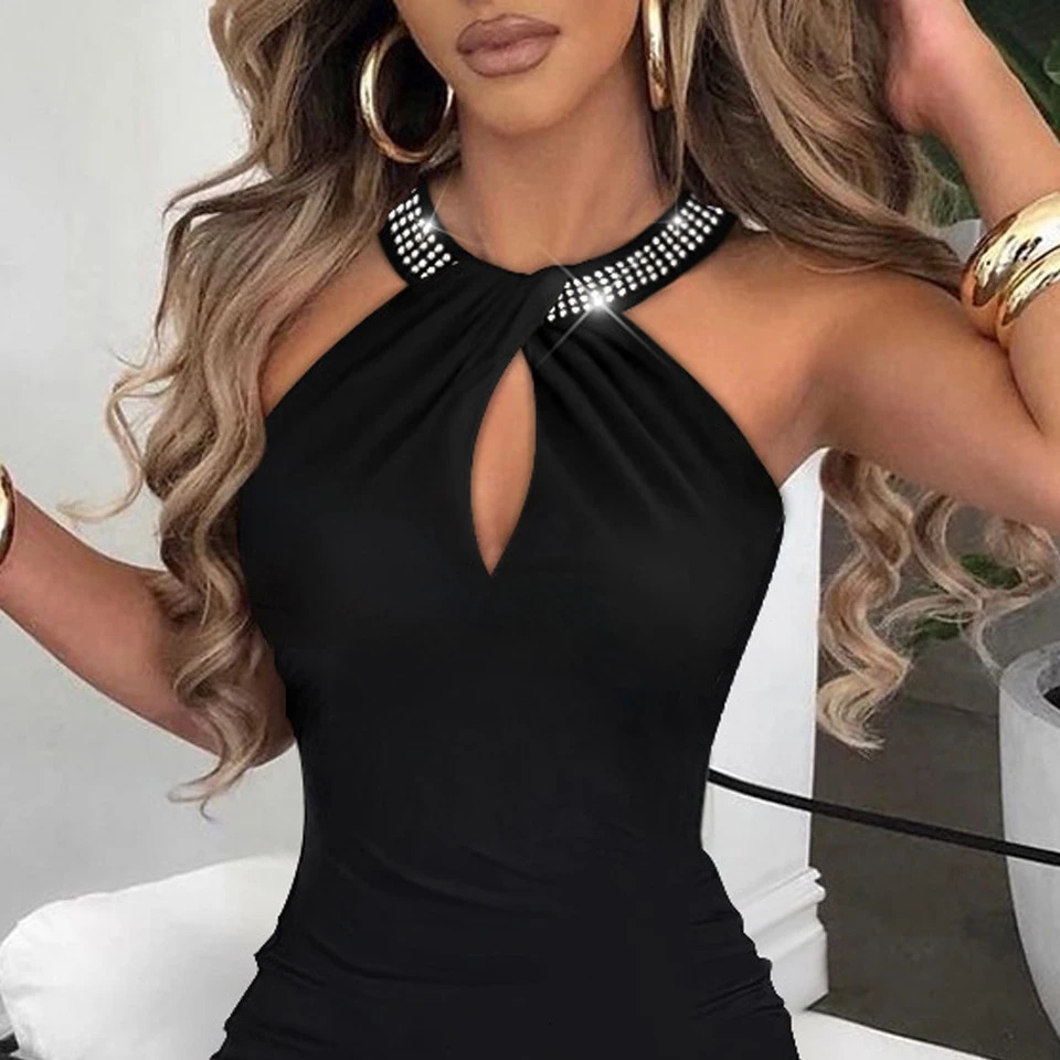 Womens Sexy Slim Wrap Dress Summer Fashion Halter Diamond Temperament Zip Sleeveless High Slit Banquet Party 250320