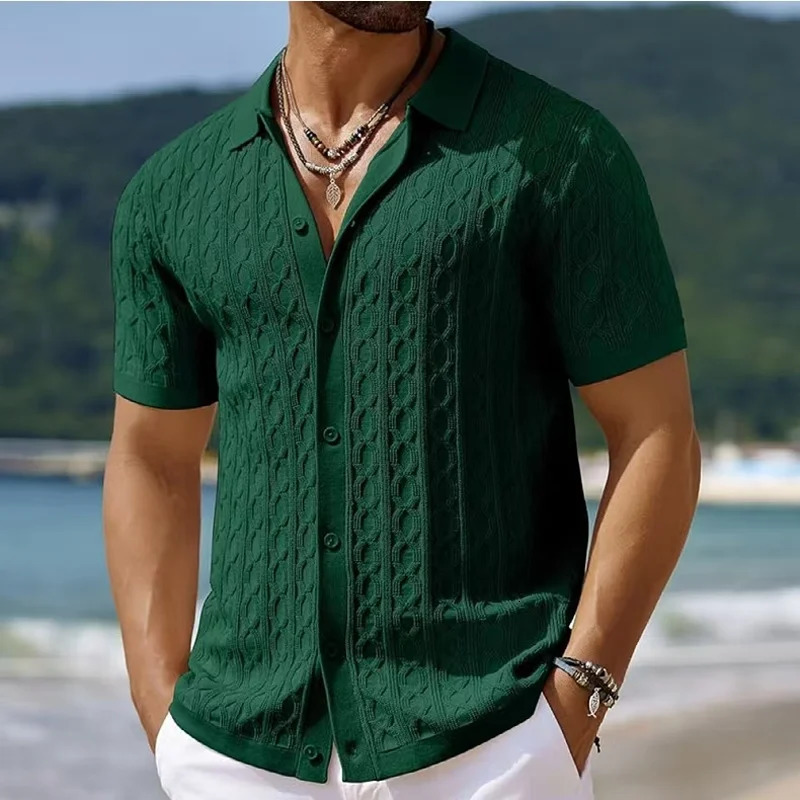 Summe Embroidered Mens Short Sleeve Fashion Knitted Shirt 2025 Business Solid Color Casual Button Open Polo Top 250320