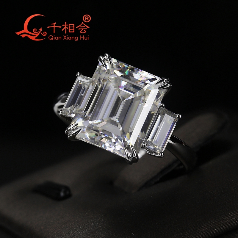 Womens Men 8CT Emerald Cut Moissanite Engagement Ring Three Stones 10x12mm White Diamond Silver 925 Wedding Jewelry