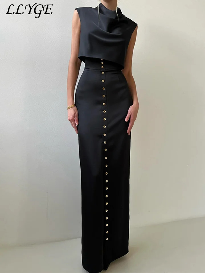 Elegant Crop Top Skirt Set Women Turtleneck Sleeveless Vest High Waist Button Long Skirts 2025 Spring Lady Satin Solid Outfits 250320