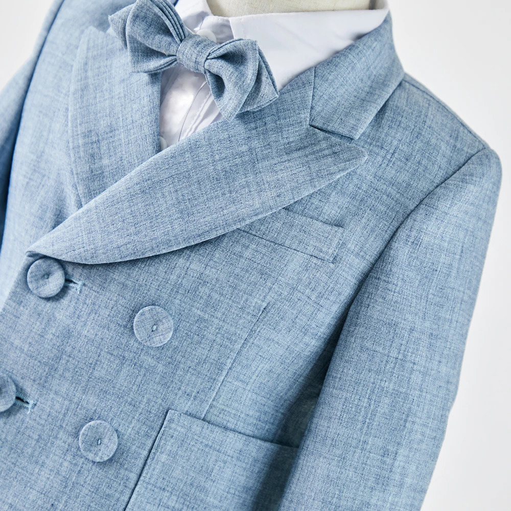 Boys Suit For Weddings Birthday Little Boy Gentleman Outfit Formal Suits Children Blue Coat Strap Shorts Bow Tie Clothes Set 250320