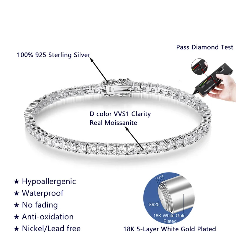 2.5-6.5MM D VVS1 Moissanite Tennis Bracelet for Women Man Sterling Silver Plated 18K White Gold Sparkling Party Bracelet Jewelry