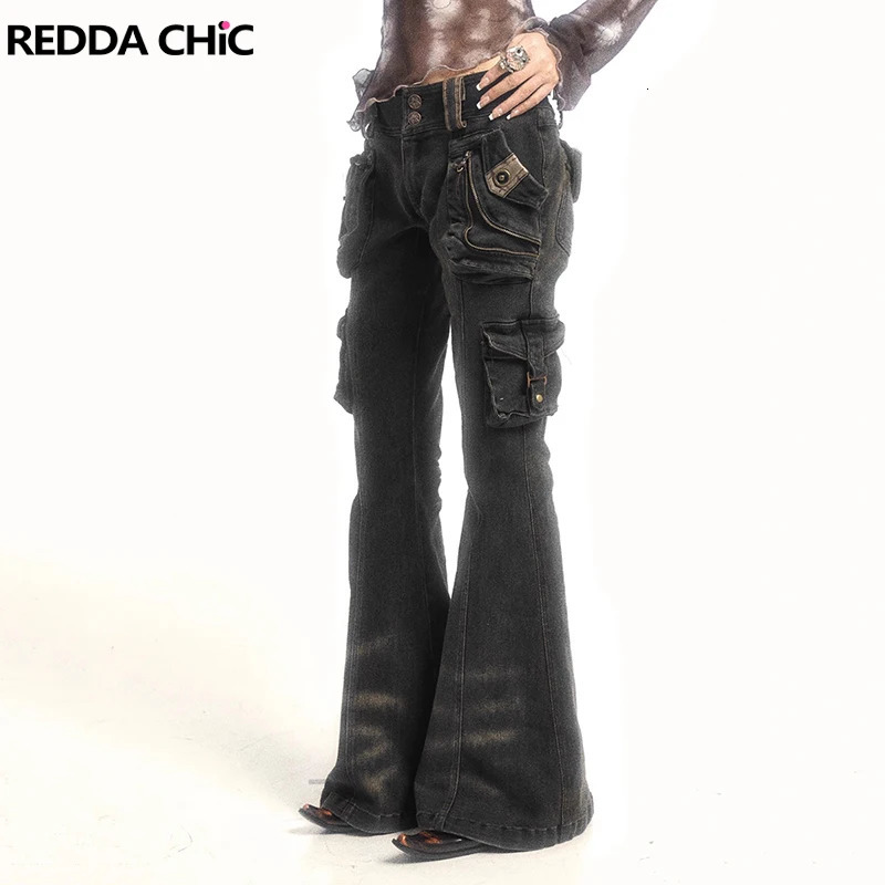 REDDACHiC Dual-Button Low Rise Women Cargo Pants Grunge Zipper Decor Pockets Do Old Whiskers Flare Jeans Grayu Y2k Streetwear 250320