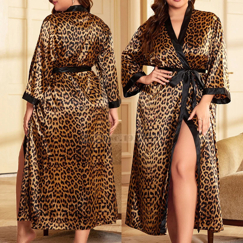 Plus Size Sexy Leopard Kimono Bathrobe Gown Female Long Dress Nightgown Sleepwear Loose Satin Home Dress Lounge Wear 3XL 4XL 5XL 250321