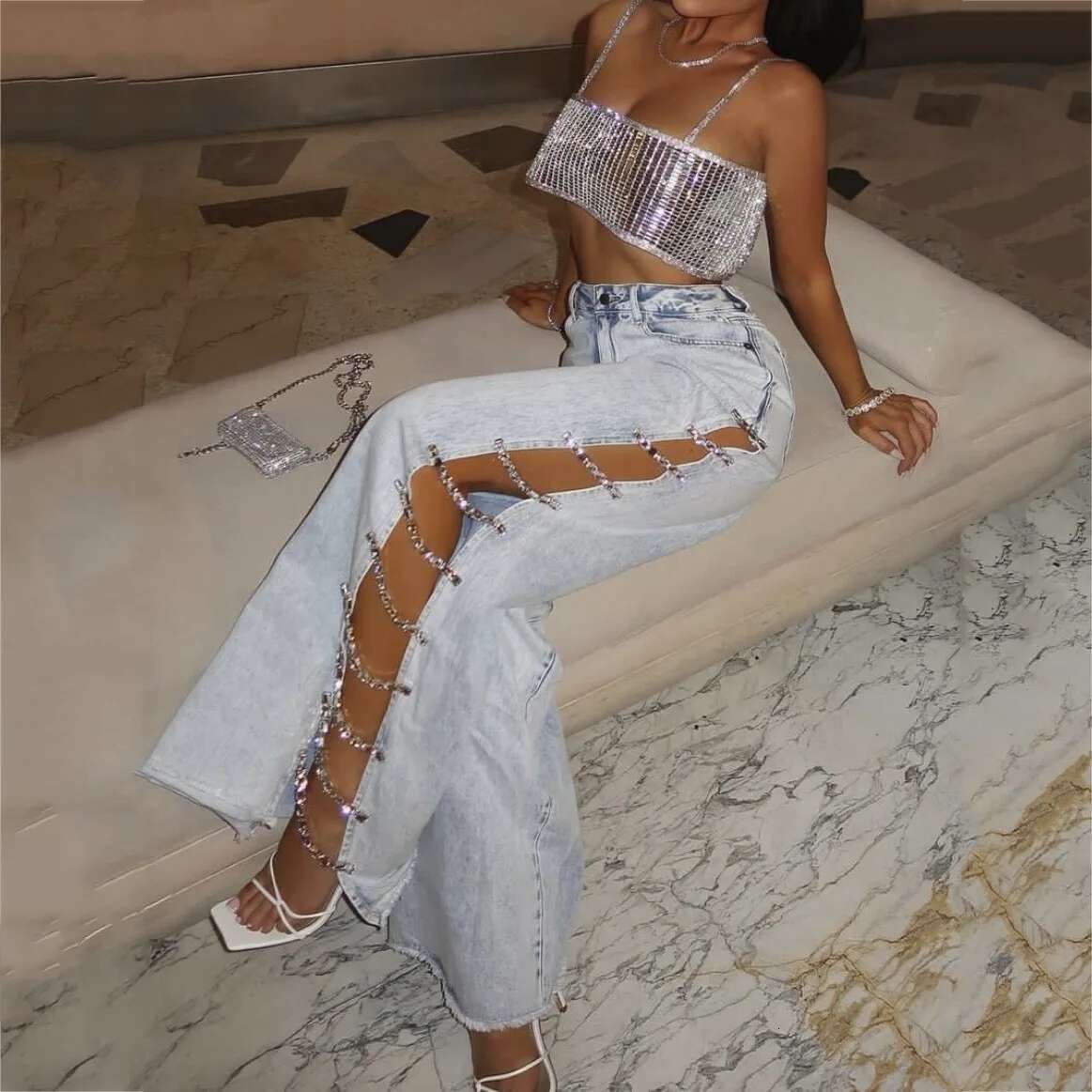 Designer Jeans Summer Fashion High Waist Sexy Slit Thin Side Slit Pants Women's Denim Long Cut With Diamond Chain Straight Wide Leg Women's 