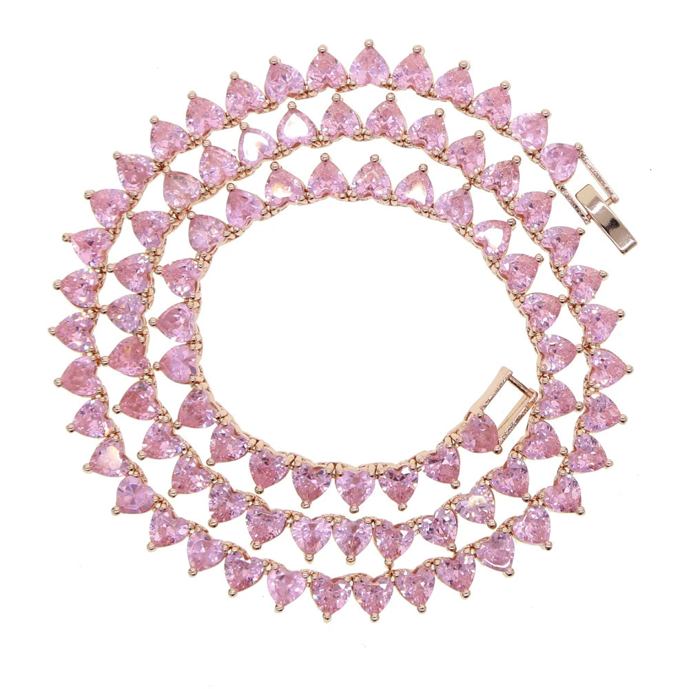 Hip Hop Iced Out Bling AAAA Zircon Heart Tennis Chain Necklace Women Fashion Jewelry Gold Silver Color Pink CZ Choker Necklace 250318