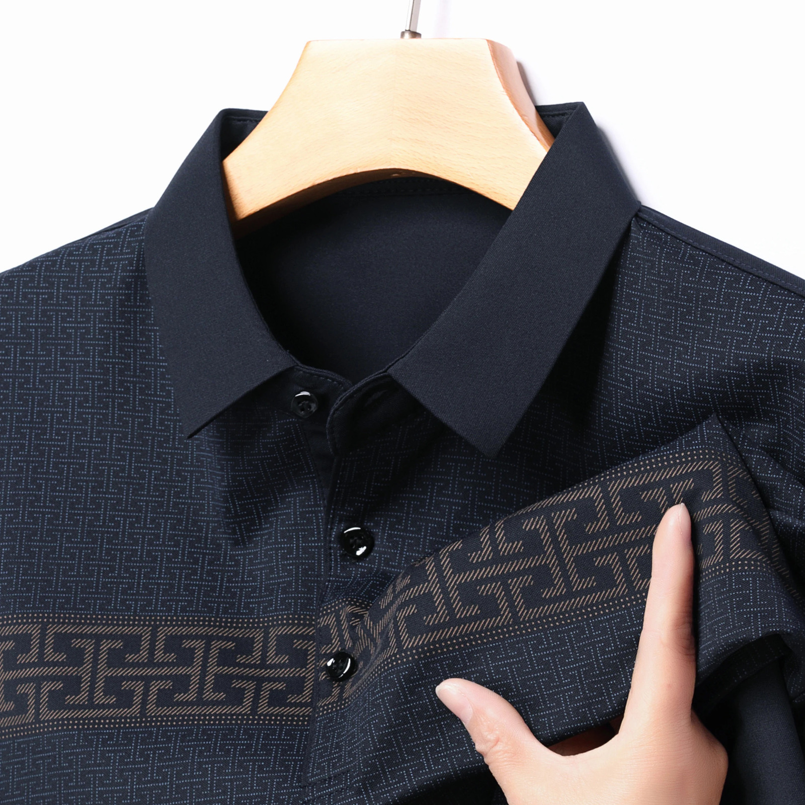 High End Ice Silk Print Summer Short Sleeve Lapel Polo Shirt Fashion Business Seamless T-Shirt Comfort Mens Wear 250320