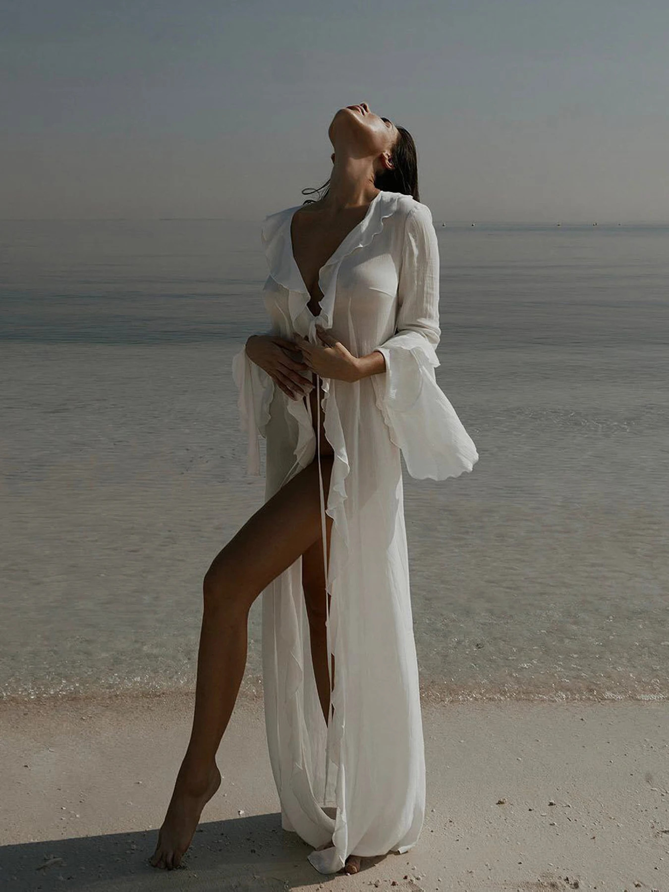 Sexy Lace Long Sleeve Cardigan Beach Cover Up Women Bikini Cover Up Skirt Long Tunics Beach Dress Lady Summer Beachwear 250320