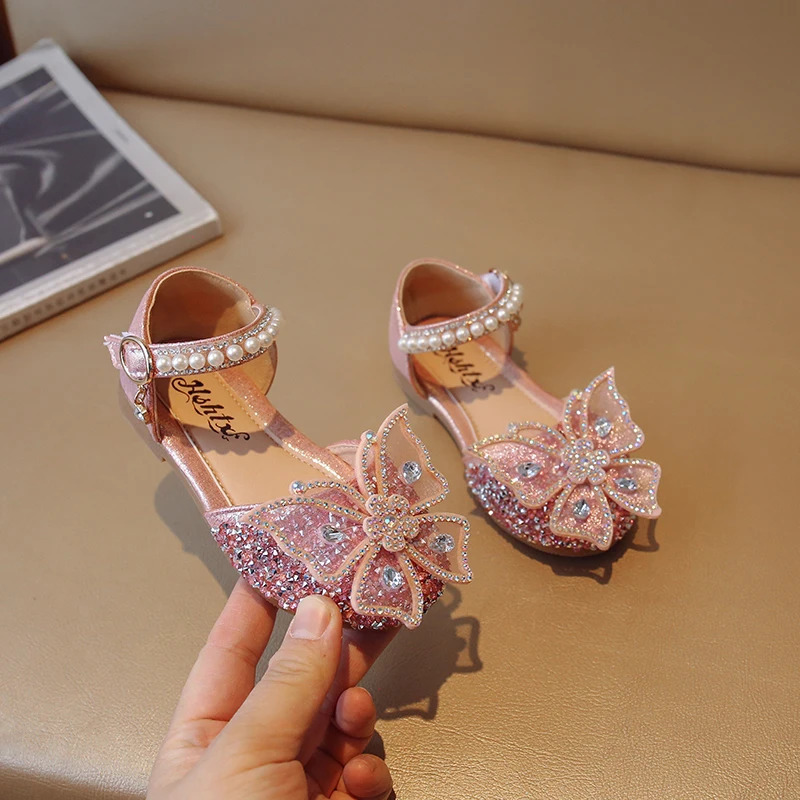Kids Girls Princess Sandals Butterfly Pearls Summer Dancing Shoes Children Shiny Glitters Flat Soles 250304