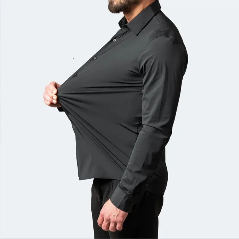6xl Spring and summer elastic force non-iron mens long-sleeved business casual shirt solid color mercerized vertical shirt 250320