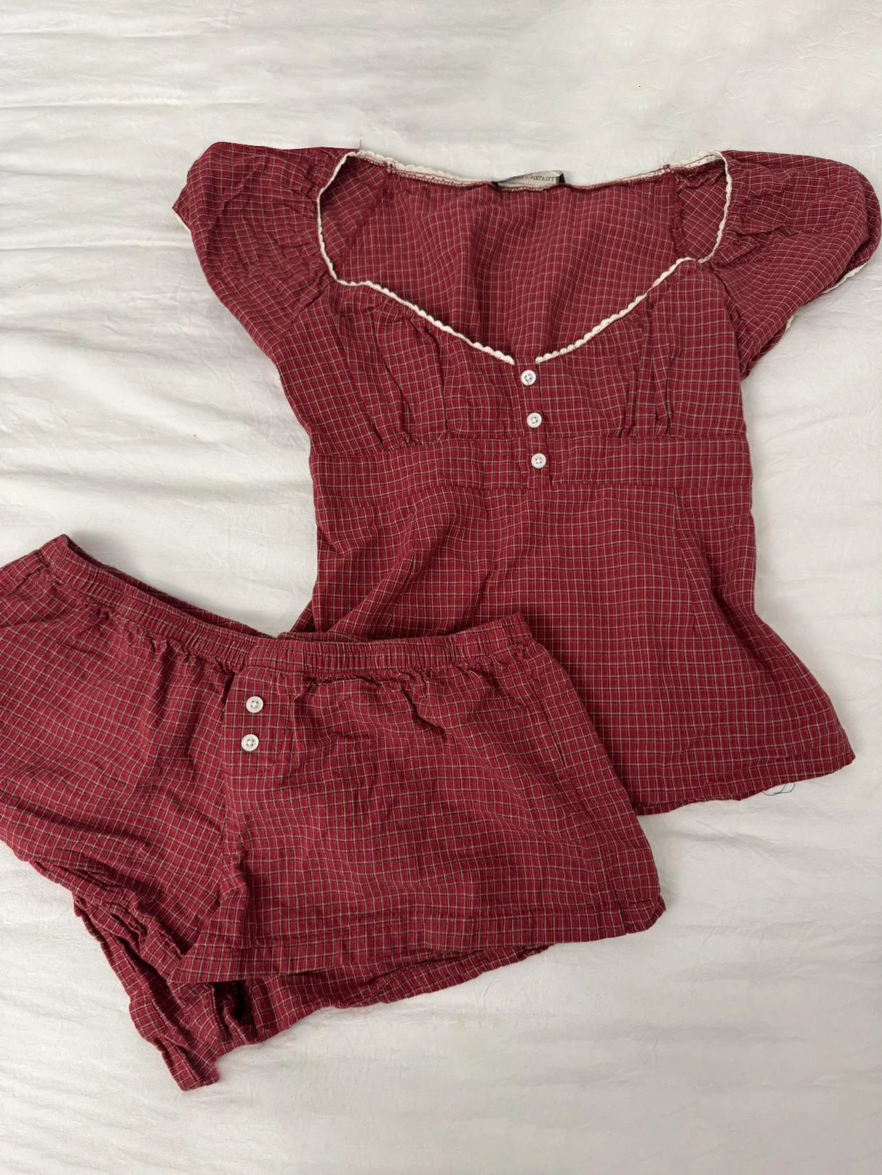 Red Plaid T-Shirt Shorts Set Women Summer Lace-up Puff Sleeve BlouseButtons Elastic Waist Short Pants Cotton Sweet 2 Piece Sets 250319