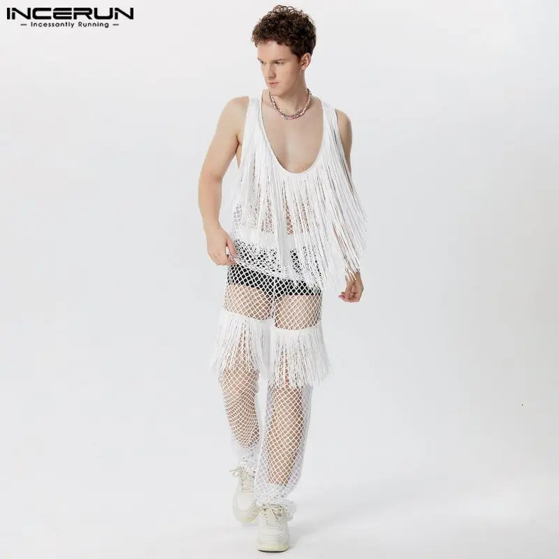 INCERUN mens mesh fringe patch hollow transparent sleeveless vest and pants 2PCS streetwear mens set S-5XL 250318