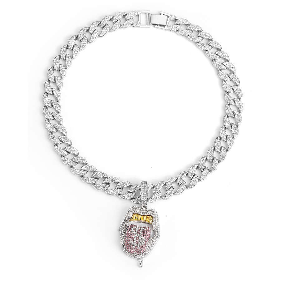 Alloy funny three-dimensional coins spicy girl hip-hop tongue sticking skull pendant watch buckle inlaid with dias Cuban collarbone chain