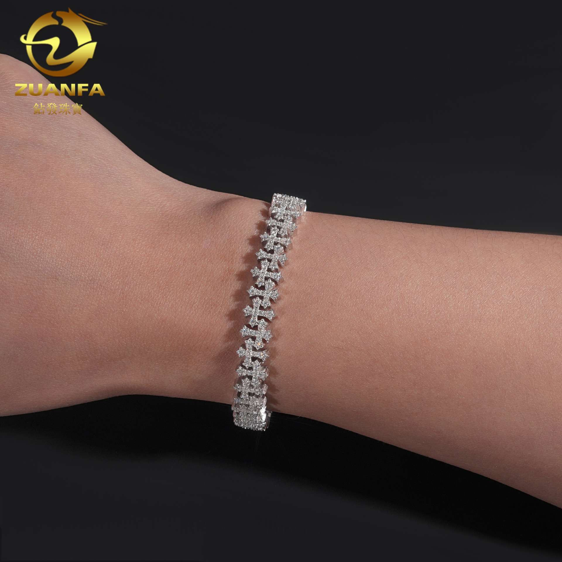 Straight S925 silver moissanite 8.5mm cross hip-hop Cuban bracelet suitable for men and women