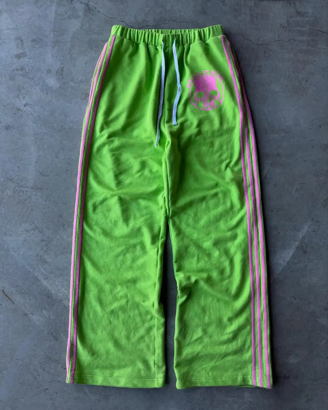 Harajuku Trendy American Y2K Pink Skull Print Green Casual Sweat Pants Mens Summer Goth Hip Hop Rap Street Trousers 250320