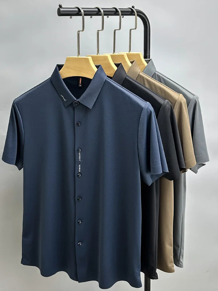 High-end Ice Silk Short-sleeved Shirt for Men Embroidery Summer Mens Business Casual Shirts Thin Lapel T-shirt Top 250320