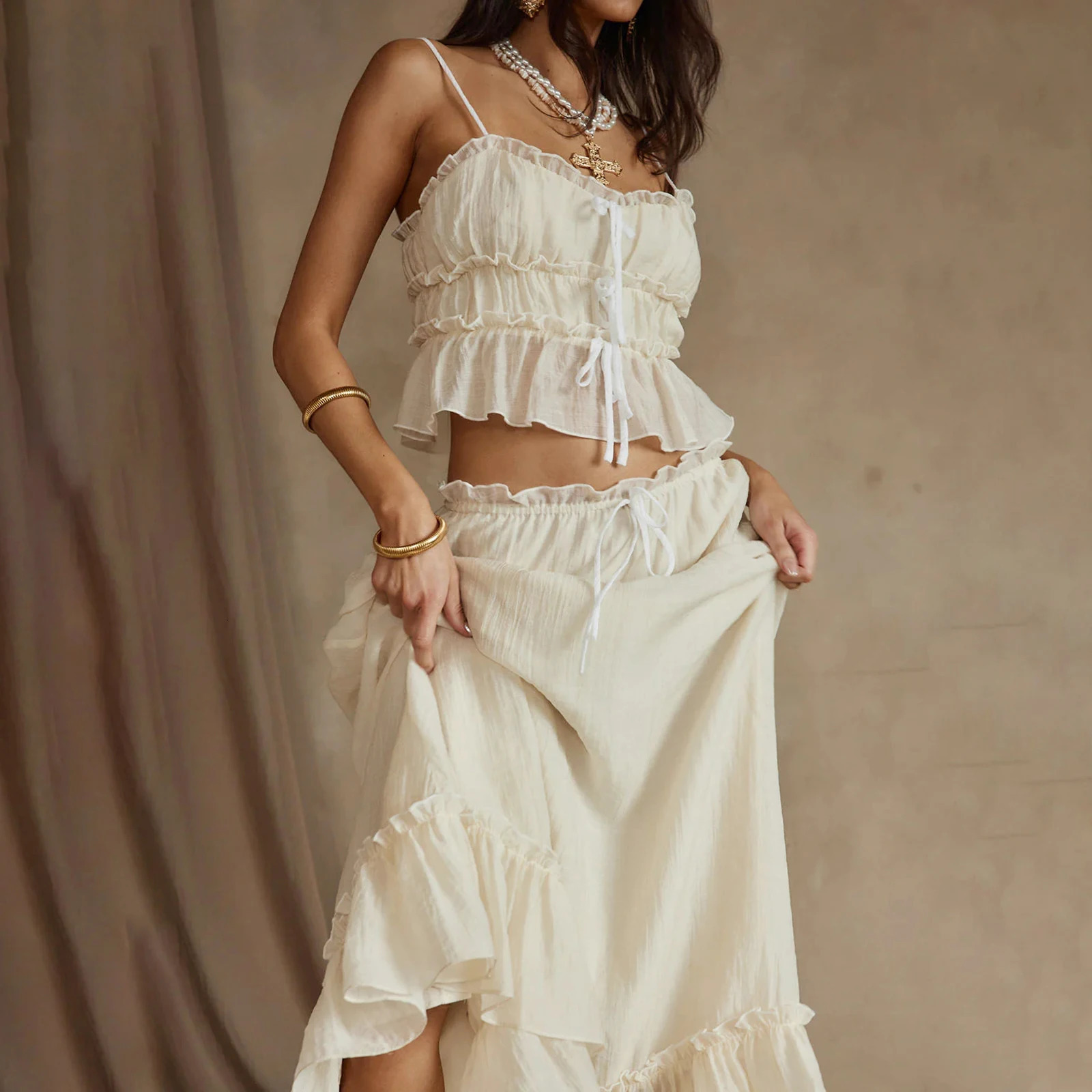 Womens Y2K Aesthetic 2 Piece Skirt Outfits Sleeveless Ruffle Trim Camisole Long Tie Up Skirt Set 250320