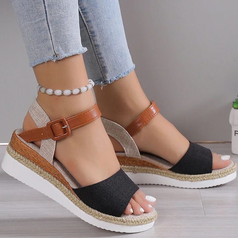 Womens Sandals Peep Toe Wedges Heels Summer Shoes Woman Low Platform Nonslip Hemp Heeled 250321