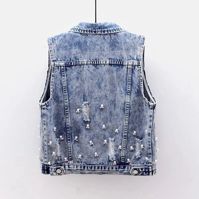 Student Vest Slim Short Jacket Embroidery Flowers Sleeveless Denim Vest Womens Beaded Waistcoat Hole Jeans Vest Coat Girl 250320