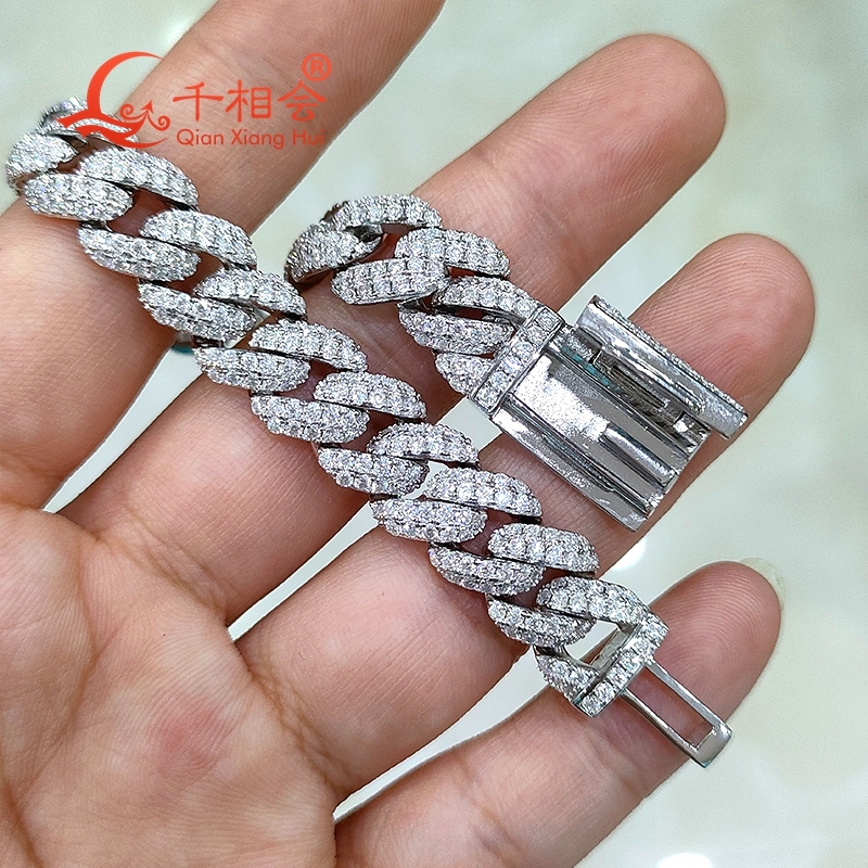Half Moon Shaped Bracelet 10mm S925 Sterling Silver Cuban Chain with Moissanite Diamond Hip Hop Style Miami Cuban Link Chain