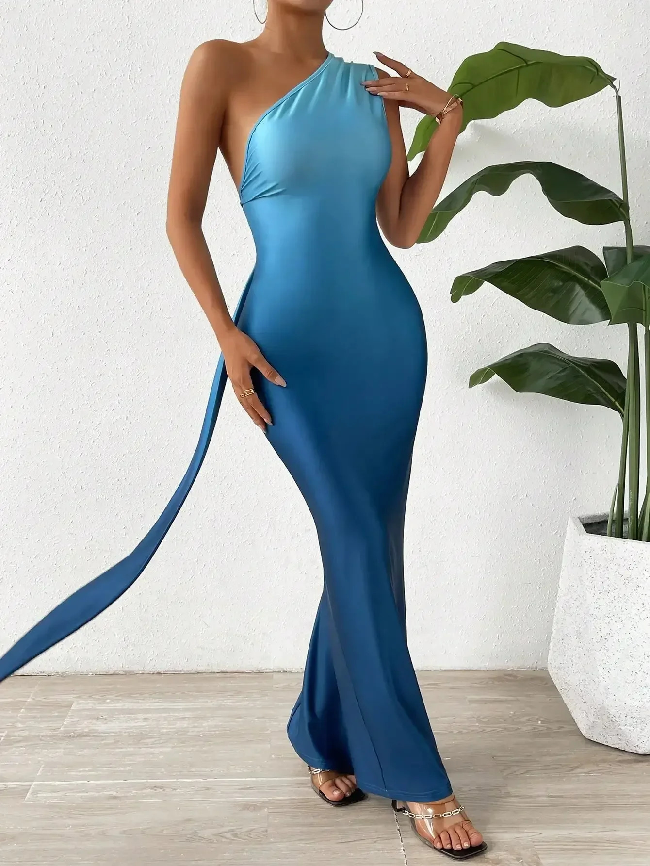 Elegant casual womens dress skew collar sleeveless asymmetrical ruffle bag hip sexy 250320
