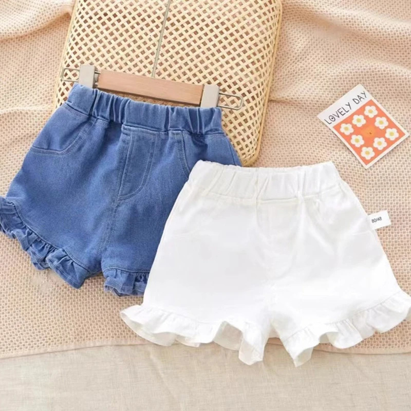 2024 Childrens Shorts Fashion Girls Summer Denim Ruffle Blue Jeans 16Y Casual Day Pants 250312