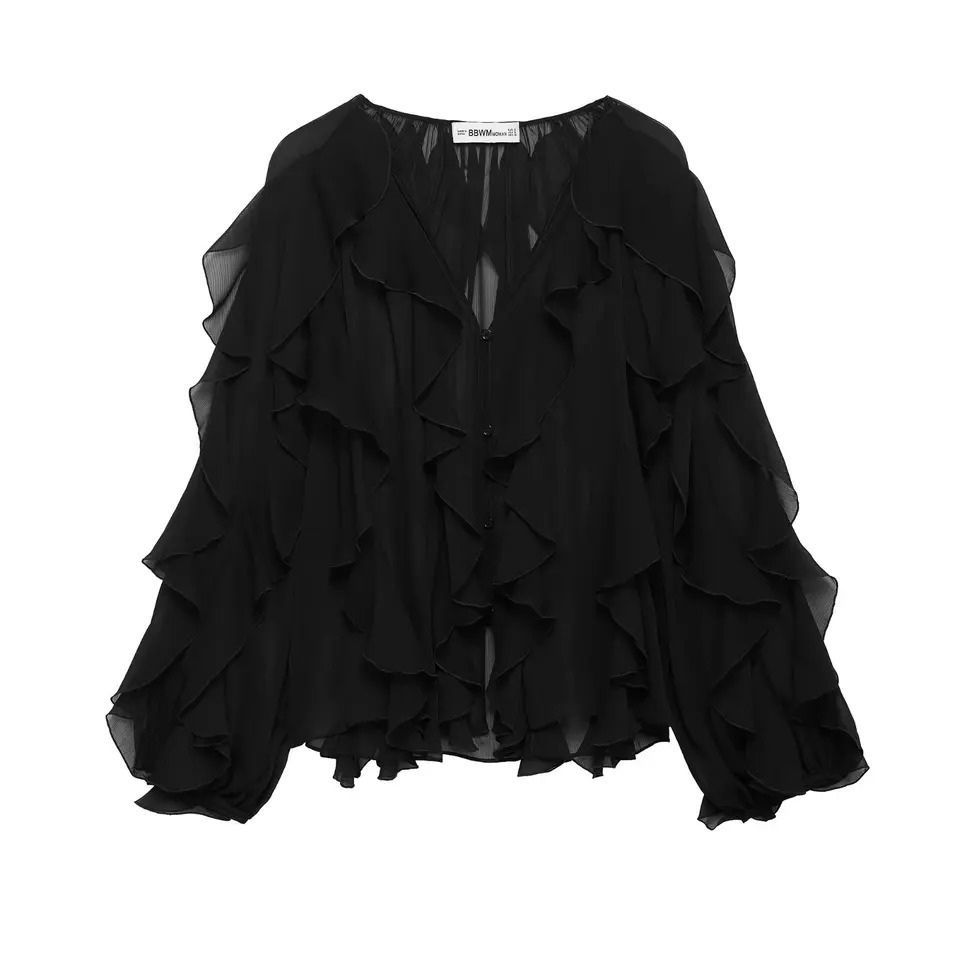 DUOPERI Women Fashion Solid Ruffled Blouse Vintage V-Neck Long Sleeves Female Chic Lady Shirts 250320