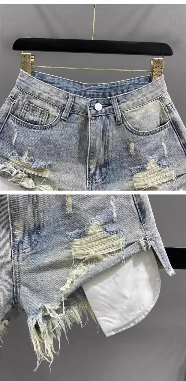 Korean Vintage Blue Sexy Ripped Jeans for Women Patchwork A-line High-waisted Denim Ultra Shorts 250320