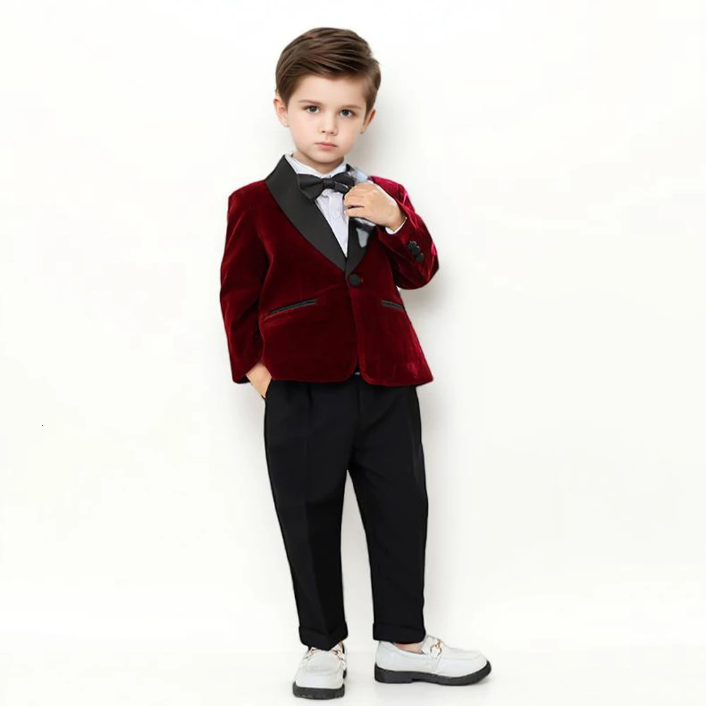 Boys Formal Velvet Suit Set Child Birthday Dress Wedding Party Pography Piano Recital Costume Kids Blazer Pants Bowtie Outfit 250320
