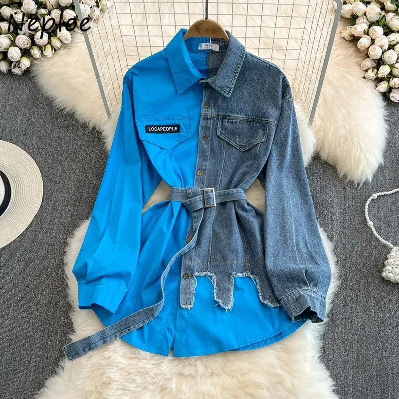 Neploe Retro Hong Kong style denim shirt with collar long sleeves slim fit waist contrasting color shirt casual mid length blue with belt 250317