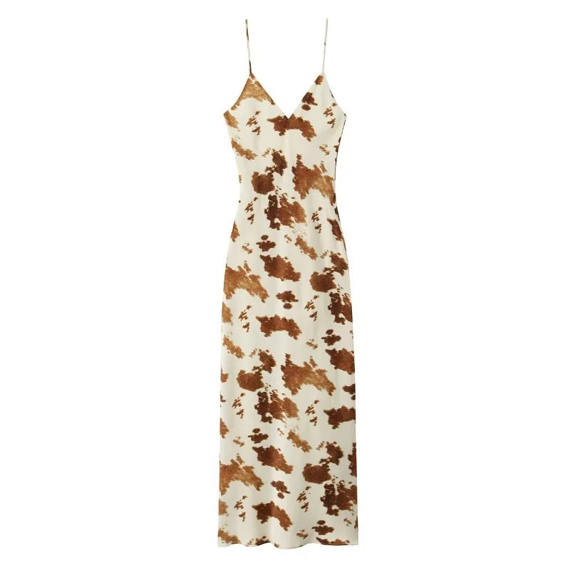 ZBZA Womens Printed Satin Midi Dress Vneck Adjustable Pendant Ultra Thin Bottom Zipper Long Style SpringSummer Fashion 250320