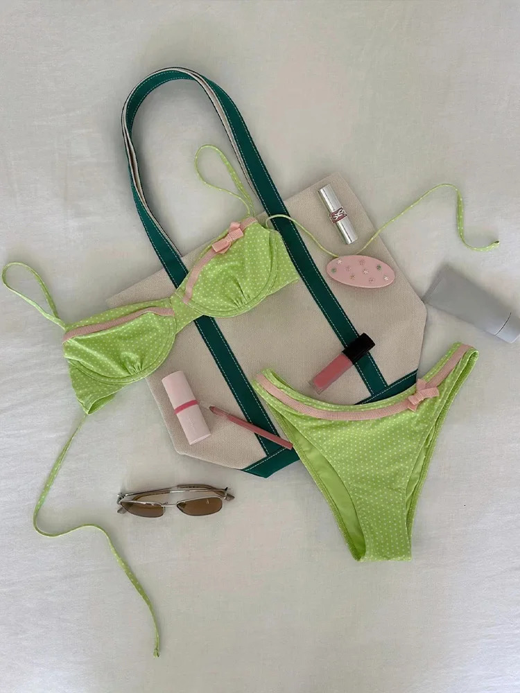 Sexy Polka Dot Bow Backless Bikini 2 Piece Set Women Laced Up Split Swimsuit Beach 2025 Summer Swimwear 250320