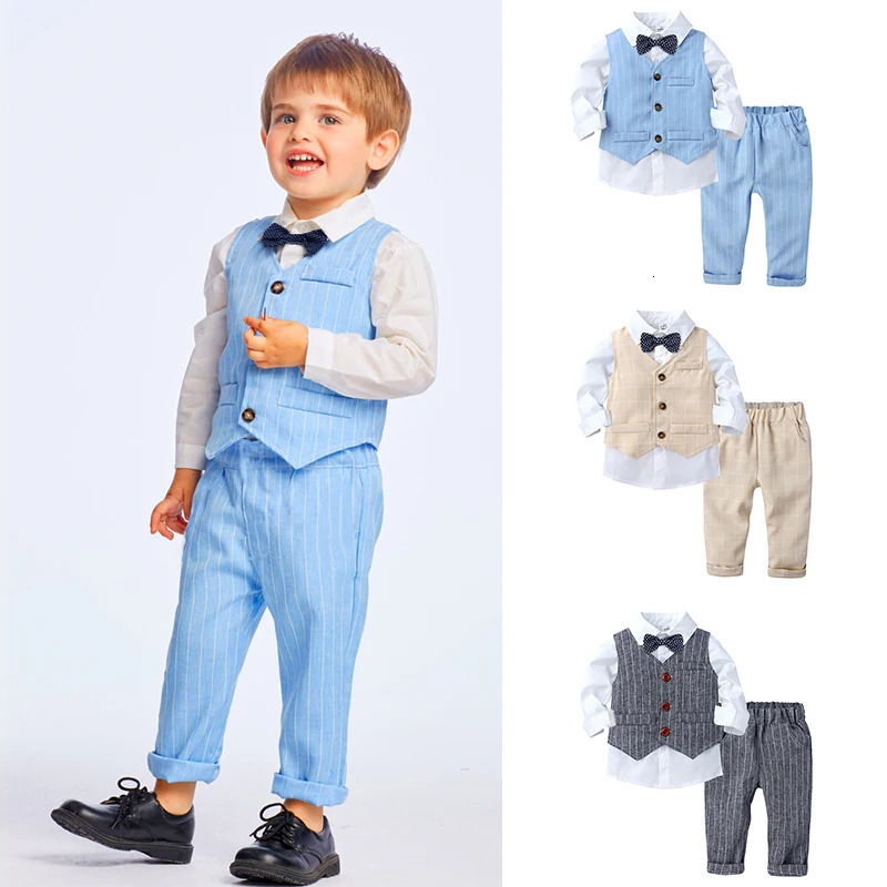 2025 Baby Boy Gentleman Suit Toddler Bow Tie White Shirt VestPants Stripe Sets 3Pcs Formal Birthday Wedding Kids Party Clothes 250320