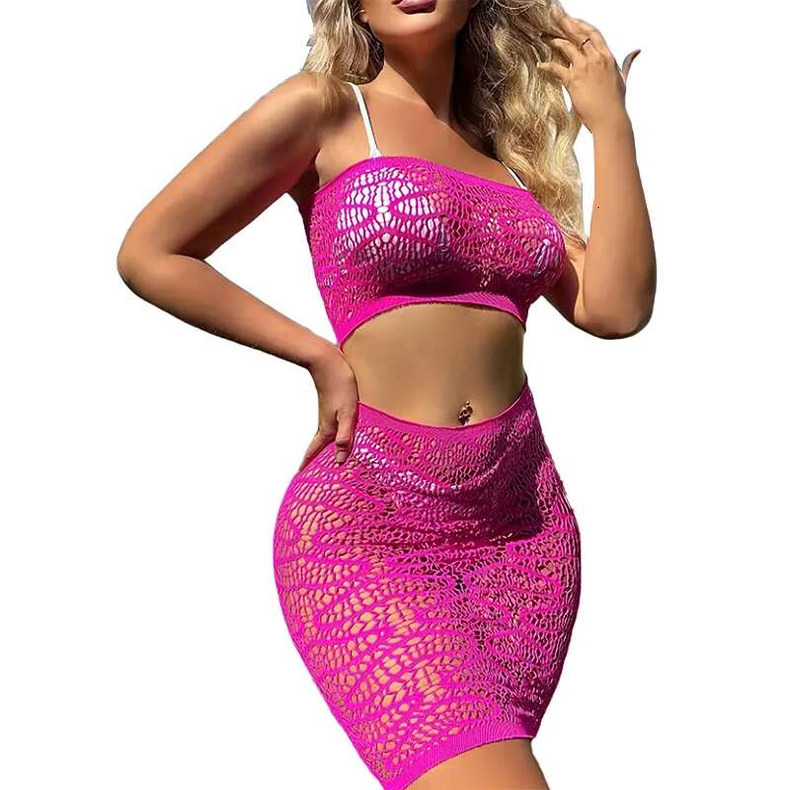 higher quality New sexy set of upper and lower two-piece skeleton see-through sleeveless bustier-style package hip beach outer shirt