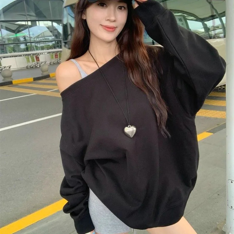 Women Clothes Casual Korean Solid Color Off Shoulder Long Sleeve Sweatshirts Autumn Winter All-match Loose T-Shirts Female Tops 250320