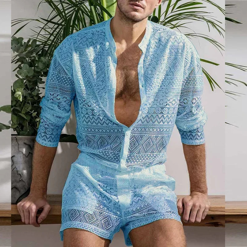 Mens long sleeved lace cut casual shorts mens two-piece set fashionable Ropa Hombre 250314