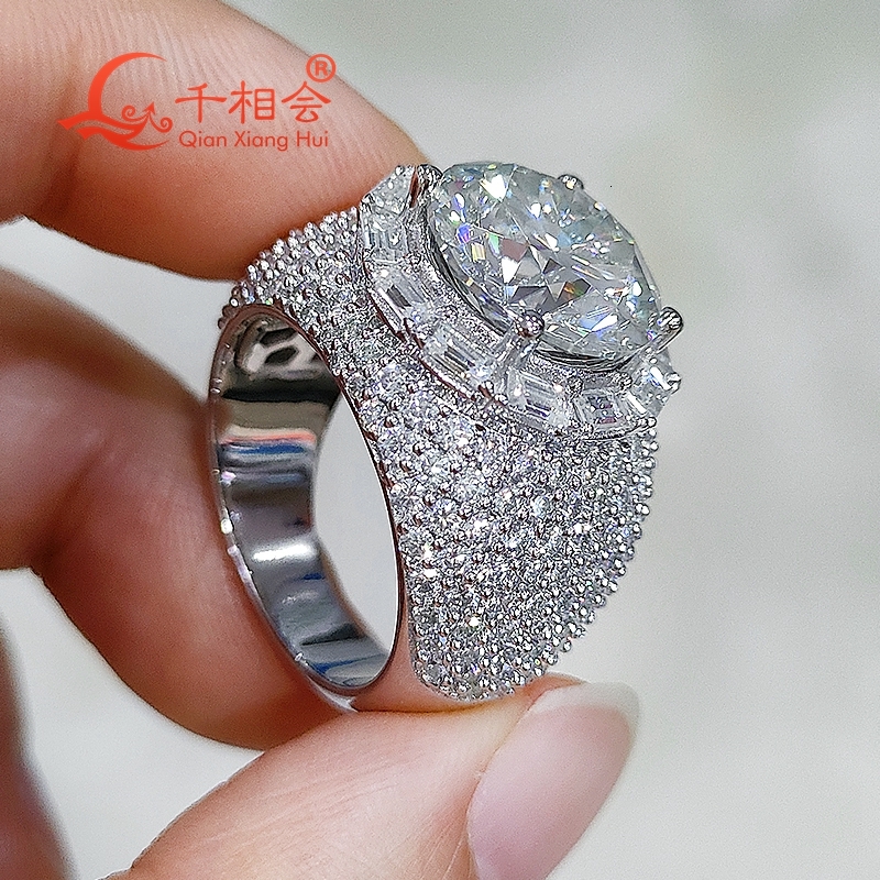 Sterling 925 Silver Hip Hop round Moissanite Ring 12mm Thick Edge Stone for Men Women Diamond Fine Jewelry