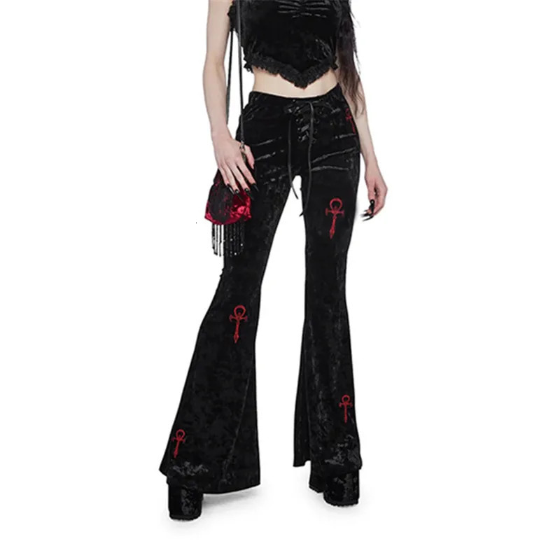 Goth Dark Velvet High Waist Flare Pants Harajuku Fashion Cross Embroidery Soft Long Pant Women Autumn Mall Gothic Slim Trousers 250320