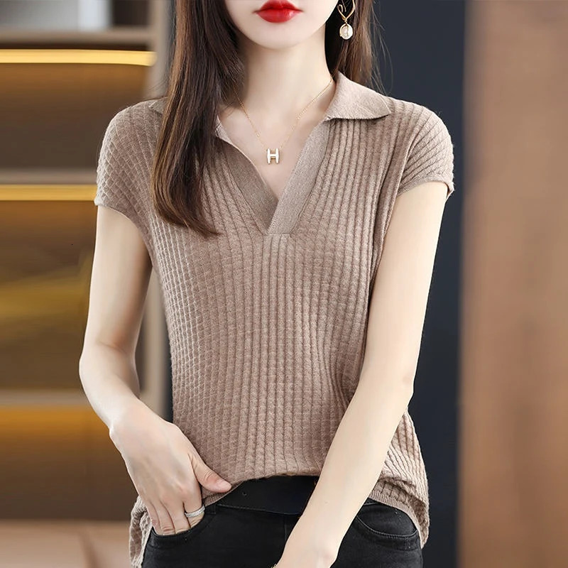T Shirt Youth Top Petite Knitted Wholesale Ladies Polo Neck Tee Shirts Korean Pullover High Quality Flower Good Xxl Black 250319
