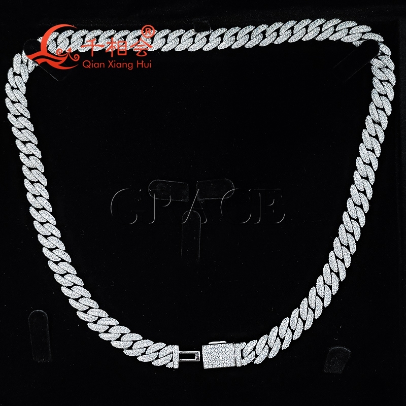 Mens 10mm Width Half Moon Necklace S925 Sterling Silver Moissanite Diamond Hip Hop Iced out Miami Cuban Link Chain Jewelry