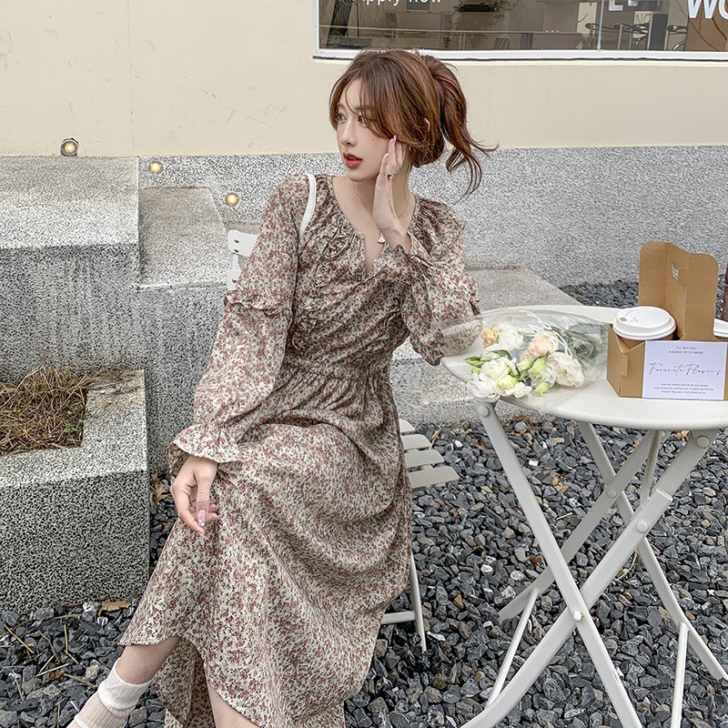 X300 Floral Dress Women Spring French Gentle Tea Dress V-neck Floral Dress