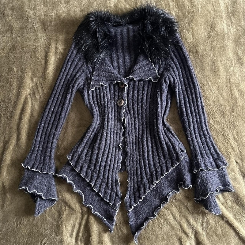 Y2K women fur collar vintage n aesthetic Irregular hem knit tops Slim sexy Hip Hop Cool Girl Niche personality Warm sweater 250225
