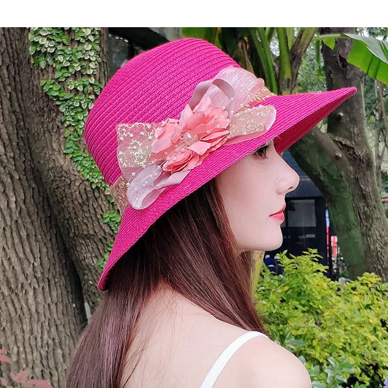Fashion Women Summer Womens Sun Hat Bucket Cap Beige Lace Bowknot Flowers Ribbon Flat Top Straw Hat Beach Caps Panama Gift 250320