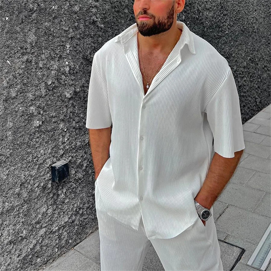 White mens pants set with lapel buttons short sleeved shirtpants casual beach set mens clothing two-piece sportswear 250314