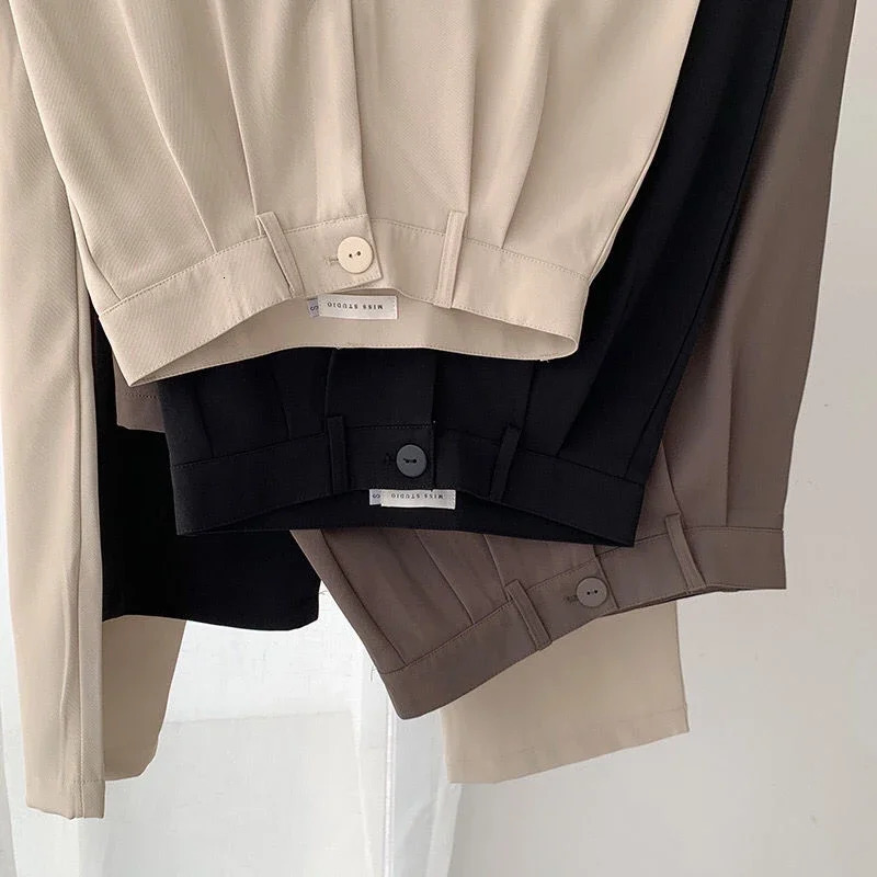 High waisted womens suit pants straight office fashionable mens casual button loose black 2024 250320