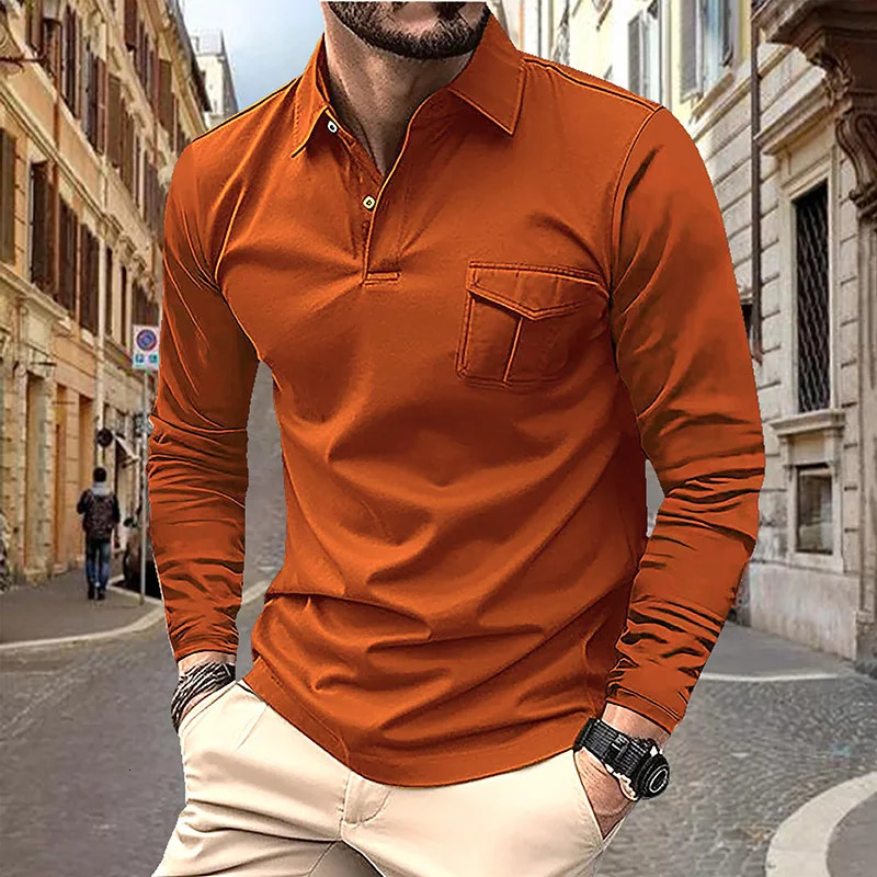 2024 SpringSummer Mens Polo Shirt with Collar Pocket Tshirt Business Casual Long Sleeve European and American Plus Size 250320