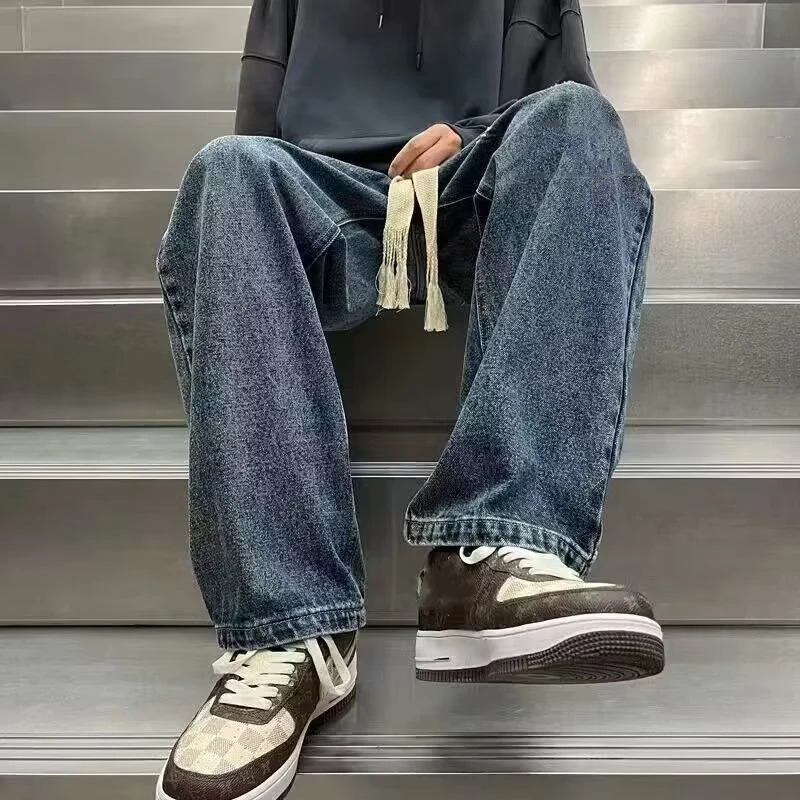 Mens luggage straight leg wide denim pants trend casual style street clothing mens lace design selling jeans 250312