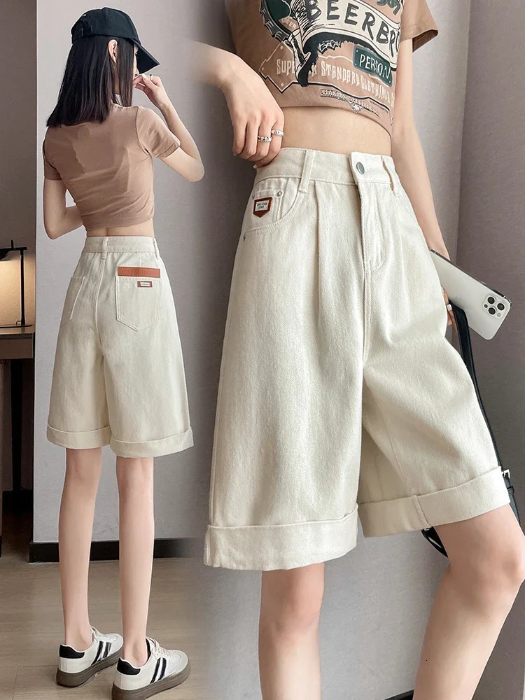 Summer Womens Shorts High Waist Cotton Wide-leg Short Pants Loose Button Korean Knee Length Solid White Denim Shorts for Women 250320
