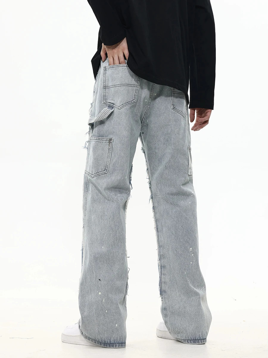 REDDACHIC Two tone Patch Work Bag Jeans Mens Hip Hop Splash Ink Brush Blue Washed Loose Suitable for Casual Wide Leg Pants Y2K Street Clothing 250317